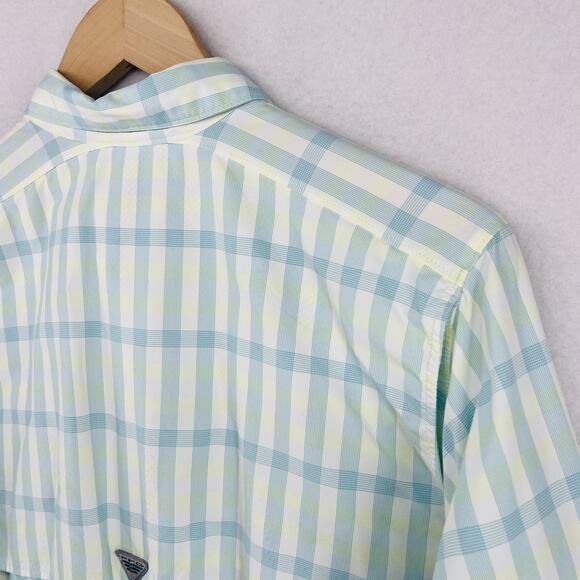 COLUMBIA Top Womens M PFG SUPER BAHAMA Plaid Roll Tab Fishing Button Down White - Picture 11 of 16